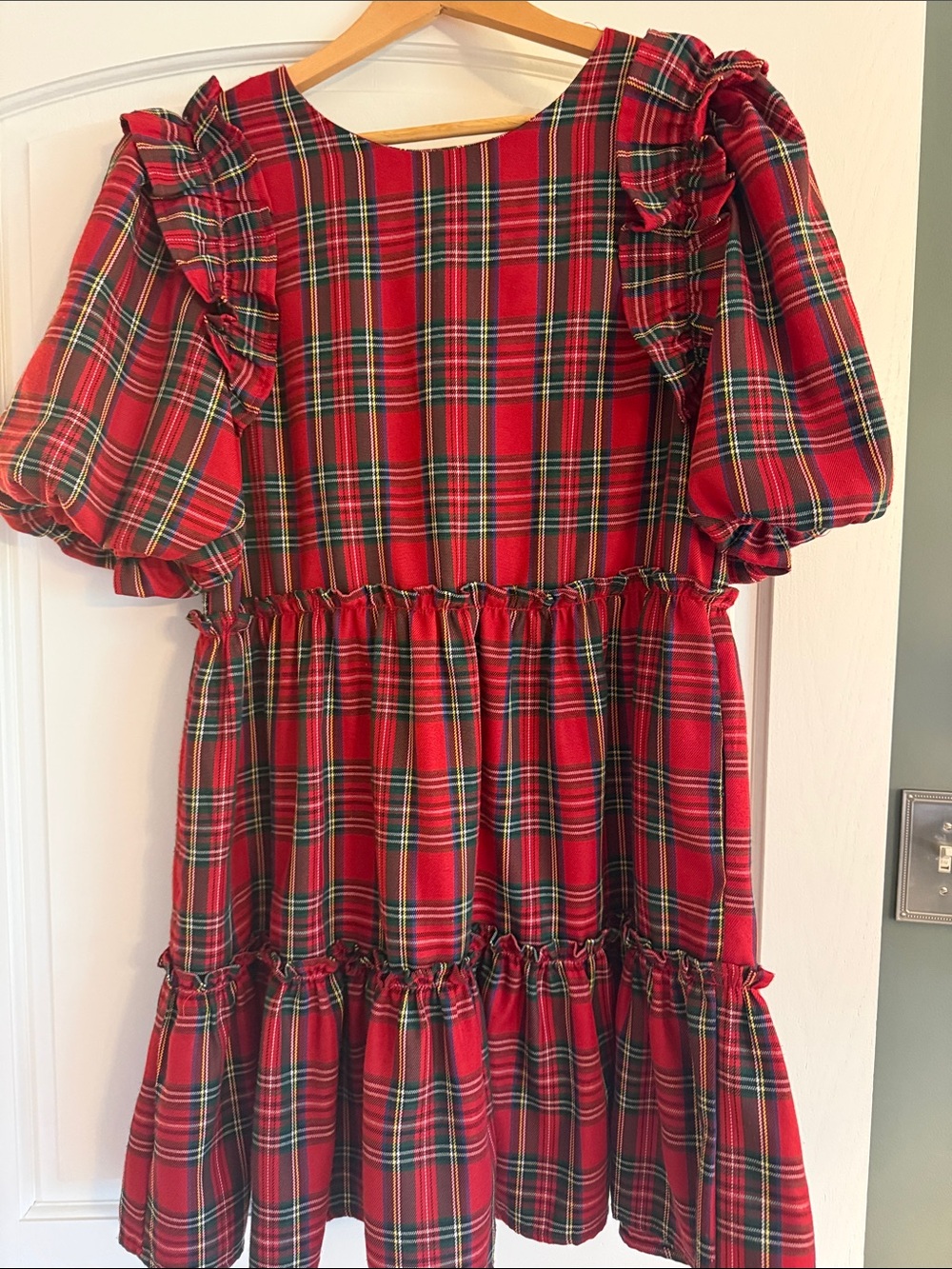 Red Plaid Puff Sleeve Ruffle Dress